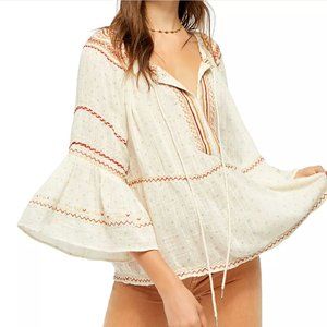 Free People Talia Embroidered Bell Sleeve Tie Neck Blouse Peasant Top (small)